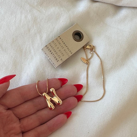 Anthropologie Gold Bubble Letter N Monogram Necklace - Picture 2 of 3